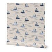 Coastal Chic - Lake Life boats on the water - classic navy, admiral blue on white coffee, dusty white - large
