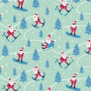 Santa Claus and winter sports on a teal background