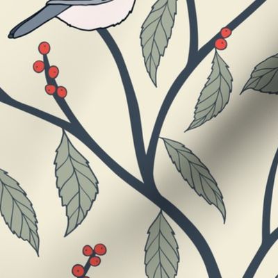 Chickadees and Red Berries on an Ivory Background • Large Scale