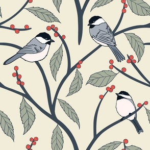 Chickadees and Red Berries on an Ivory Background • Large Scale
