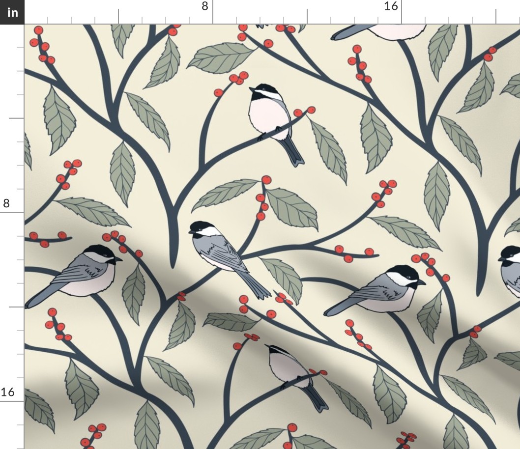 Chickadees and Red Berries on an Ivory Background • Large Scale