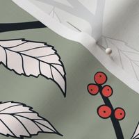 Chickadees and Red Berries on a  Sage Green Background • Large Scale