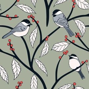 Chickadees and Red Berries on a  Sage Green Background • Large Scale