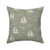 Coastal Chic - Lake Life boats on the water - white coffee, dusty white on lichen green - large