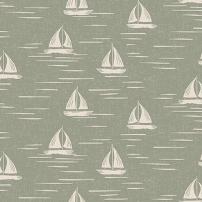 Coastal Chic - Lake Life boats on the water - white coffee, dusty white on lichen green - large