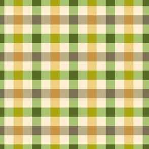 Traditional Gingham Retro Greens, butterscotch, goldenrod, on off white