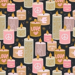 Make love not war peace candles  - cease fire now Palestine Israel fundraiser beige  caramel ochre pink on charcoal