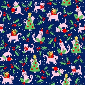 Cats and Christmas trees on a navi blue background