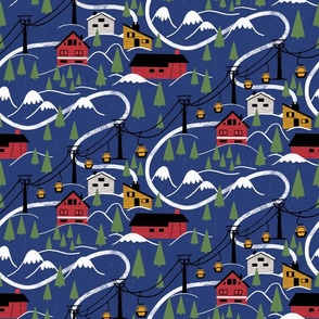 Cozy Cabins Winter Wonderland on a dark blue background - large scale