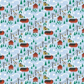 Cozy Cabins Winter Wonderland on a light blue background - small scale