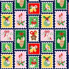 Funny Christmas icons on postage stamps - bright colour palette