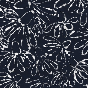 Navy Elegance Abstract Daisy - Chic Monochrome Floral Fabric and Wallpaper Design