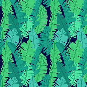 Graphic palm leaves in green and blue on dark blue background - middle scale