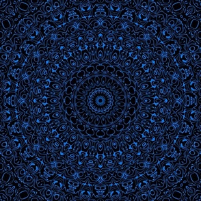 Azure Blue on Black Mandala Kaleidoscope Medallion Flower