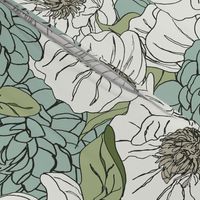 Optimism Peonies, medium scale floral in blue, cream and green 