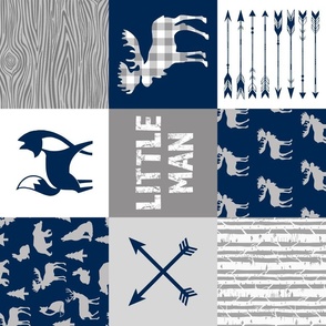 "Little Man" Woodland Patchwork, Navy & Gray, 3x3 6”SQ  ROTATED