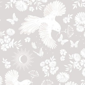 Daisy and flying  birds neutral floral 