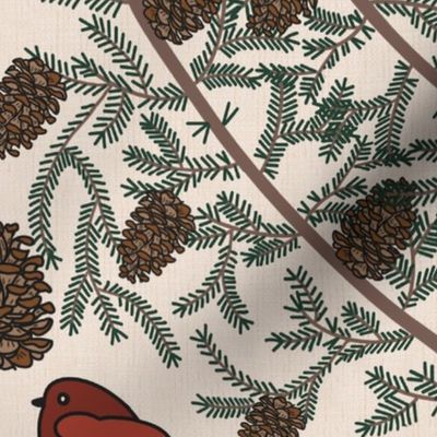 Vintage red birds in pine boughs, pine cones 