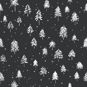 Winter Evergreen Trees in Watercolor | White on Midnight Black | Small Scale