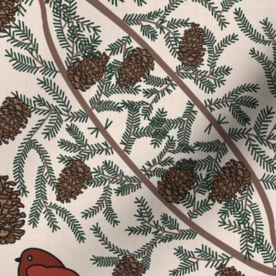 Vintage red birds with pine boughs, pine cones