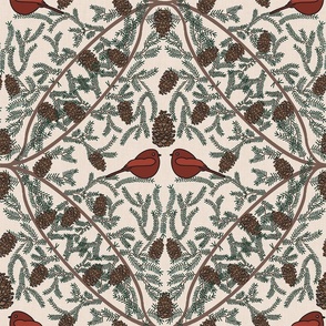Vintage red birds with pine boughs, pine cones