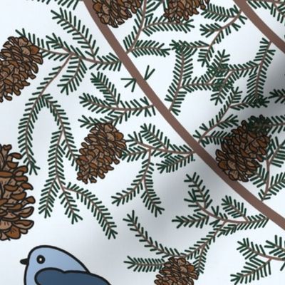 Birds and pine boughs, pine cones, blue, 