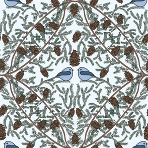 Vintage Winter birds and pine boughs, blue