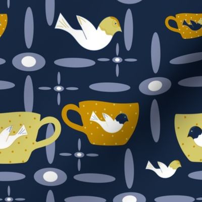 Surrealist Bird And Teacup Whimsy On  Dark Blue.