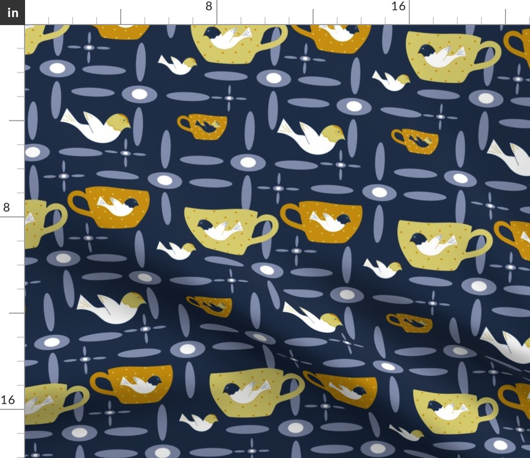 Surrealist Bird And Teacup Whimsy On  Dark Blue.