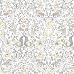 [Large] Fruitful garden_ William Morris inspired_ arts and crafts style_ strawberries_ squirrels_ gold finch bird_ woodland animals - neutral gray and tan