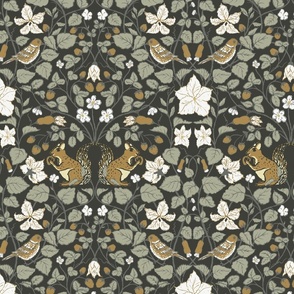 [Large] Fruitful garden_ William Morris inspired_ arts and crafts style_ strawberries_ squirrels_ gold finch bird_ woodland animals_Moody
