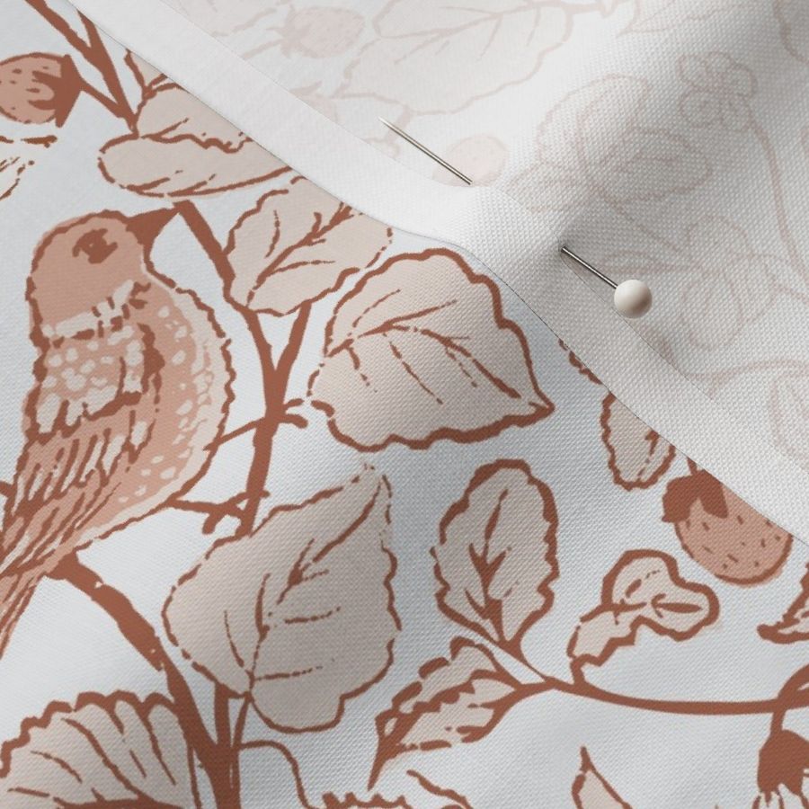 [Medium] Fruitful garden_ William Morris inspired_ arts and crafts style_ strawberries_ squirrels_ gold finch bird_ woodland animals_warm neutral, mauve, brown, light grey