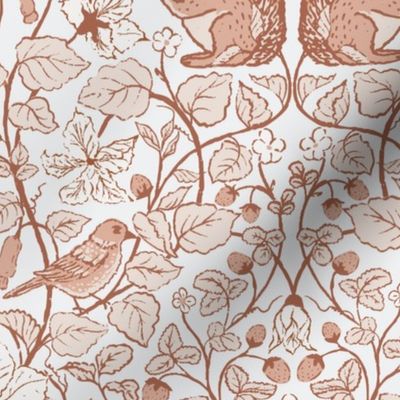 [Medium] Fruitful garden_ William Morris inspired_ arts and crafts style_ strawberries_ squirrels_ gold finch bird_ woodland animals_warm neutral, mauve, brown, light grey