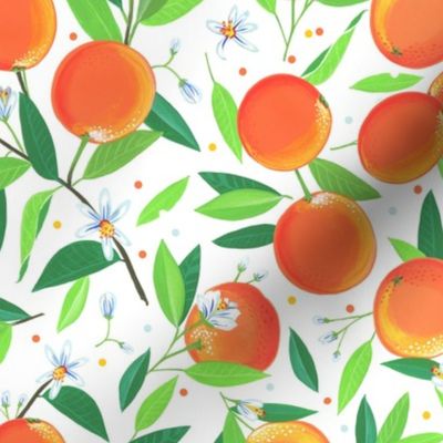 Oranges and flowers on branches on white with yellow and orange dots