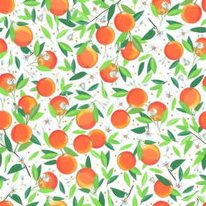 Oranges and flowers on branches on white with yellow and orange dots