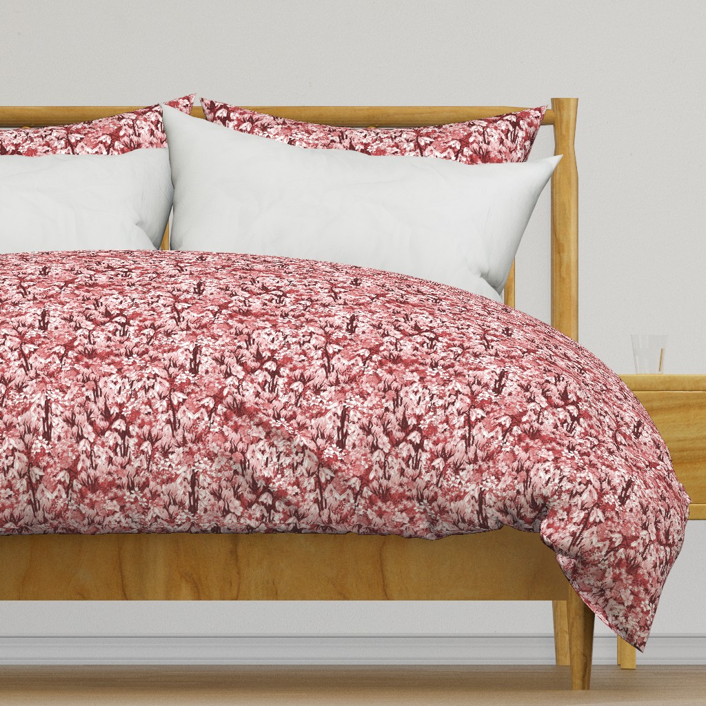 Claret Red Monochromatic Flower Pattern, Painterly Floral in Red and White, Bedroom Flower Design, Duvet Pillow Home Decor