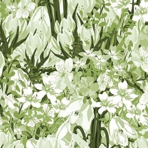 Sage Green, Olive Green, Green Leaves Wild Floral Bedding Plants, Summer Sun Spring Sunshine Flowers, Green and White Monochromatic Toile