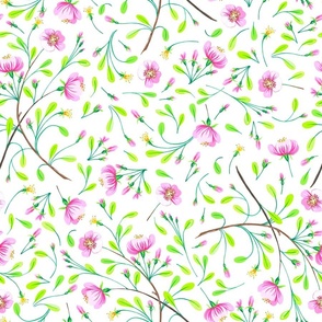 Bright pink cherry blossoms with mid green leaves in a tossed design