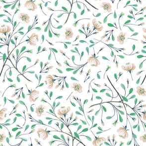Brown floral with mid green leaves in a tossed design