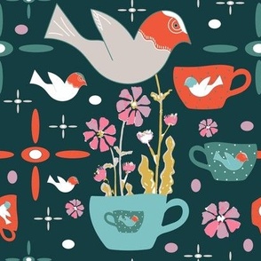 Whimsical, Surreal And Folk Art Fun - Colourful Birds, Flowers And Teacups.