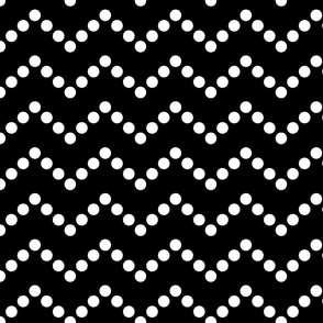 Black and White Polka Dots in Zig Zag  Horizontal Stripes on Black Background