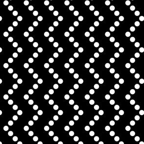 Black and White Polka Dots in Zig Zag  Vertical Stripes on Black Background
