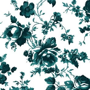 Green,floral toile,chinoiserie,roses,