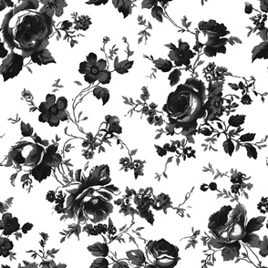 Black and white,floral toile,chinoiserie,roses,