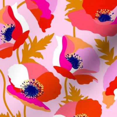 SMALL • Wild flowers Poppies Botanical 4. red, orange and pink on Pastel Pink #wildflowers #poppies