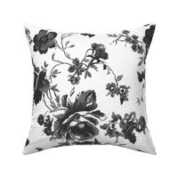 Black and white,grey,floral toile,chinoiserie,roses,