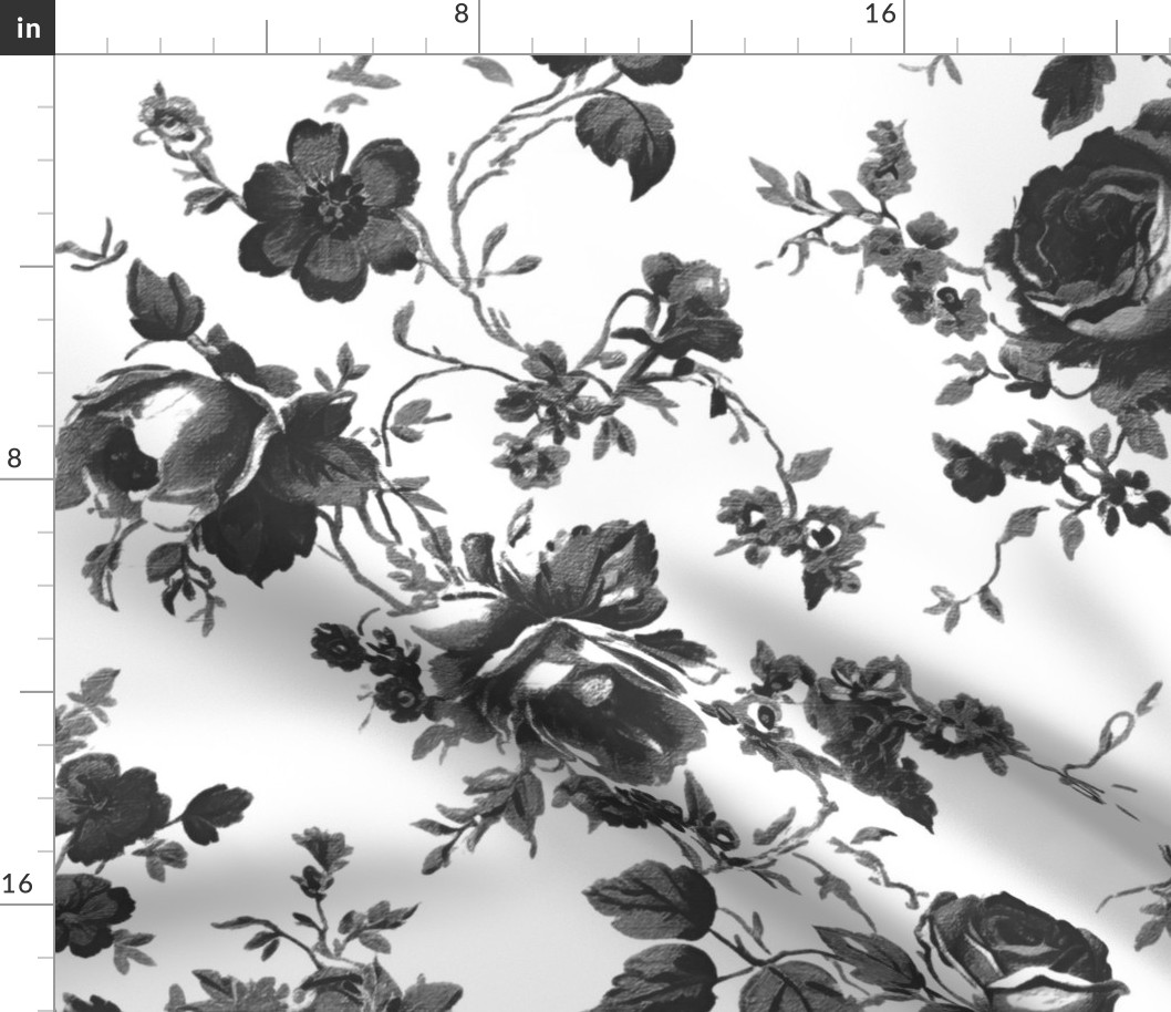 Black and white,grey,floral toile,chinoiserie,roses,