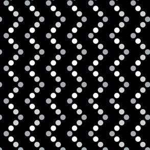 Black and White and Grey Dots in Zig Zag  Vertical Stripes on Black Background
