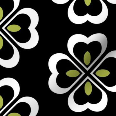 Black and White Hearts with Green on Black Background