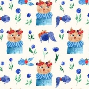 S, Funny Cat,Cute Fish,Roses - Carolina Blue,Sea Green on Floral White